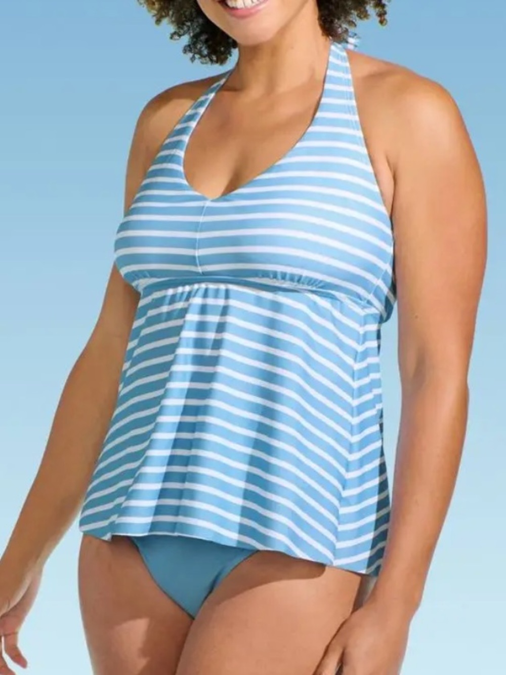 Lands' End Light Blue & White Striped Flutter Halter Tankini Swim Top, L